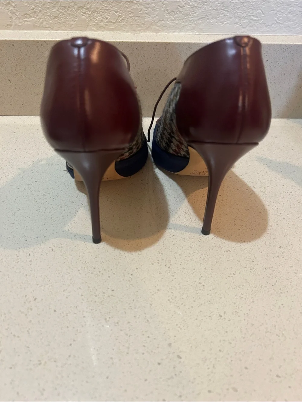 J. Crew Navy and Burgundy Pointed Lace-Up Heels with Houndstooth